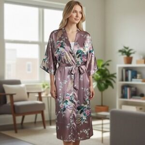 Peacock Kimono Robe Womens One Size Pink Satin Floral Belted Lounge Sleepwear